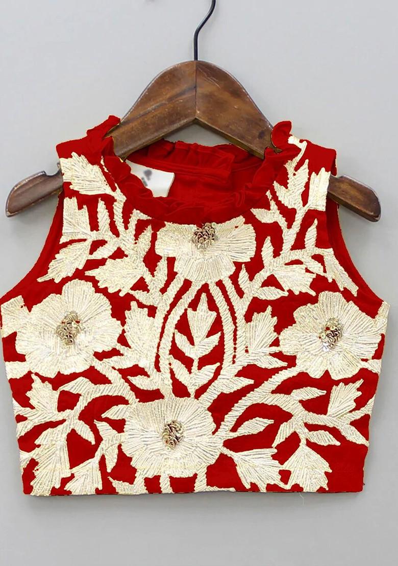 Red Embroidered Blended Lehenga Choli For Girls - Indya