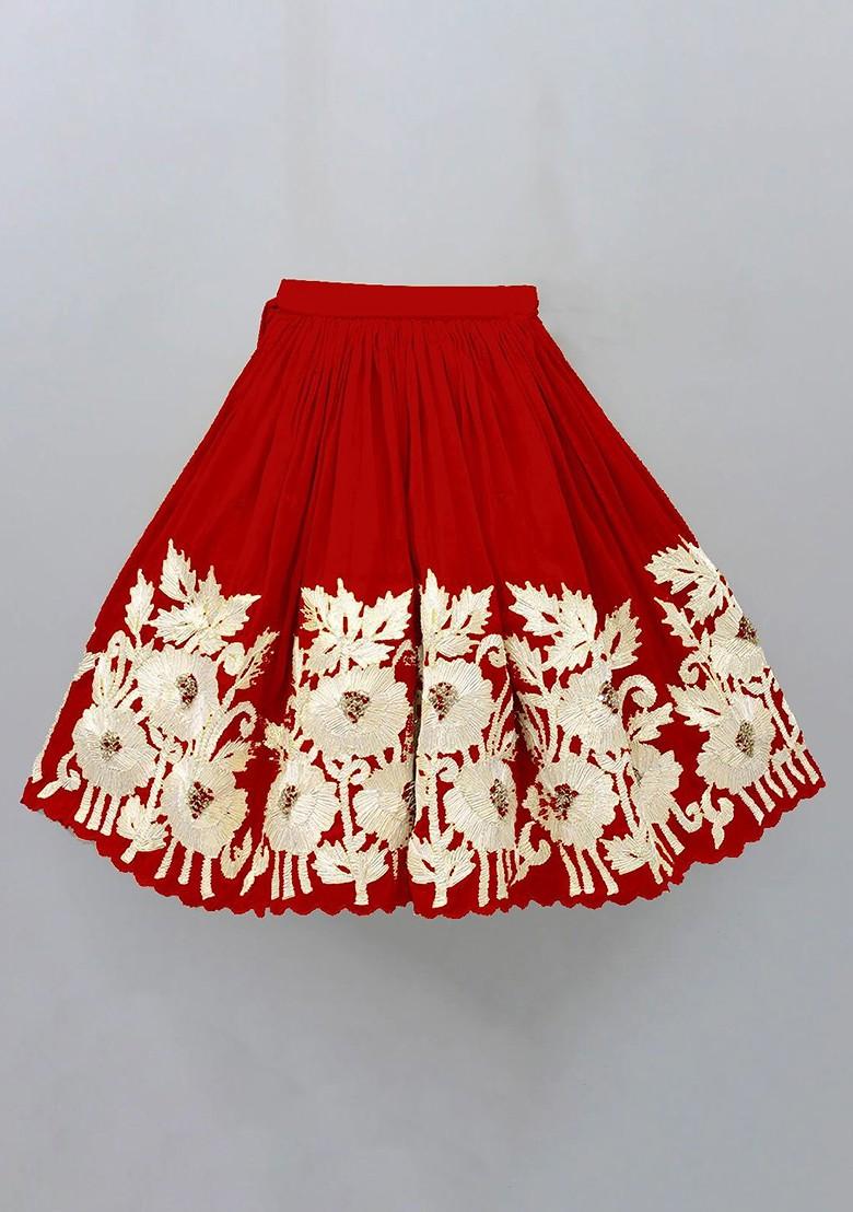 Red Embroidered Blended Lehenga Choli For Girls - Indya