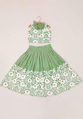 Sea Green Embroidered Blended Lehenga Choli For Girls