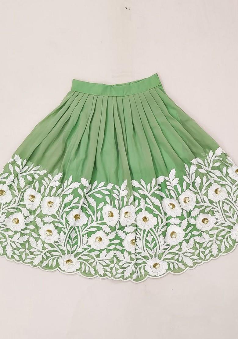 Sea Green Embroidered Blended Lehenga Choli For Girls - Indya