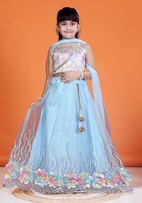 Sea Green Printed Blended Lehenga Choli For Girls