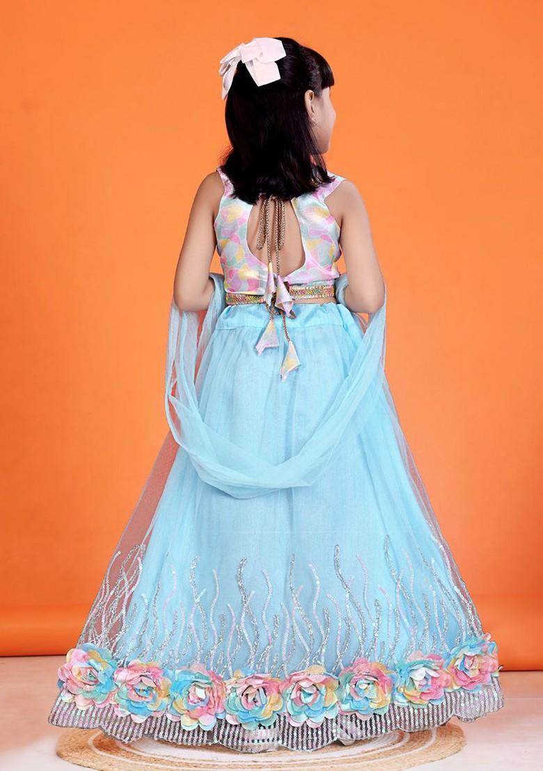 Sea Green Printed Blended Lehenga Choli For Girls - Indya