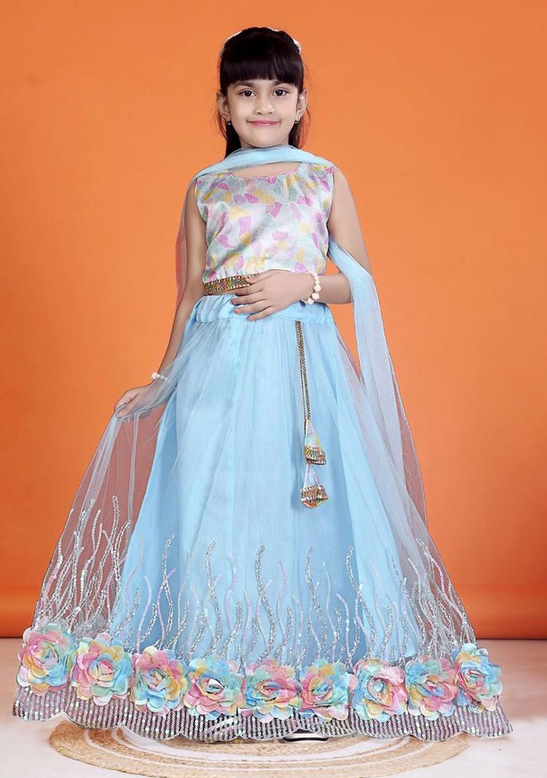 Sea Green Printed Blended Lehenga Choli For Girls - Indya