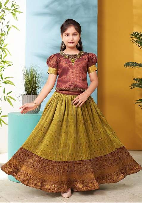 Maroon Embellished Blended Lehenga Choli For Girls