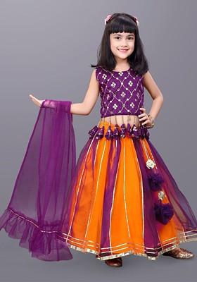 Orange Embroidered Net Lehenga Choli For Girls