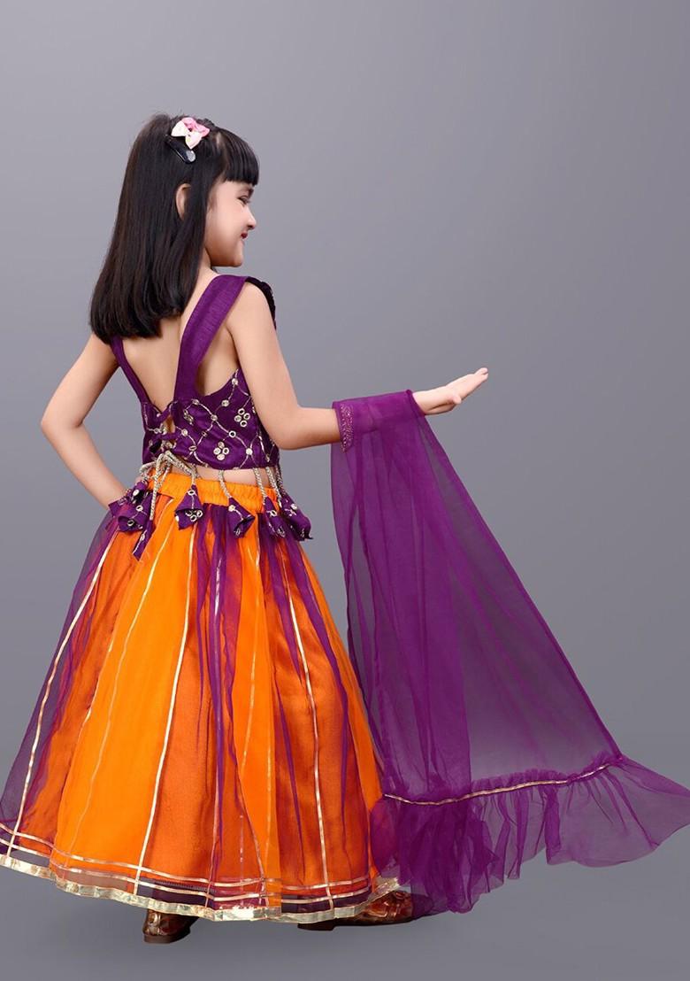 Orange Embroidered Net Lehenga Choli For Girls - Indya