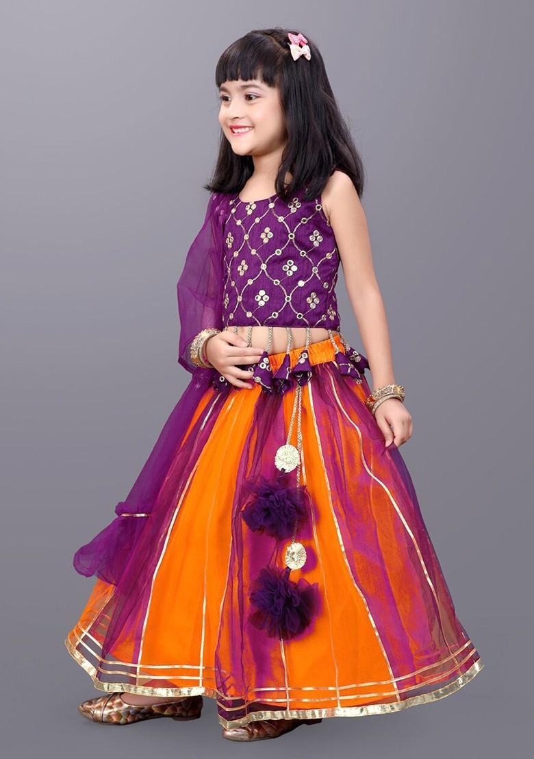 Orange Embroidered Net Lehenga Choli For Girls - Indya