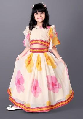 Off White Printed Blended Lehenga Choli For Girls