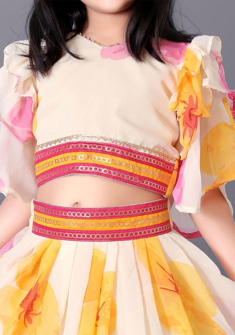 Off White Printed Blended Lehenga Choli For Girls - Indya