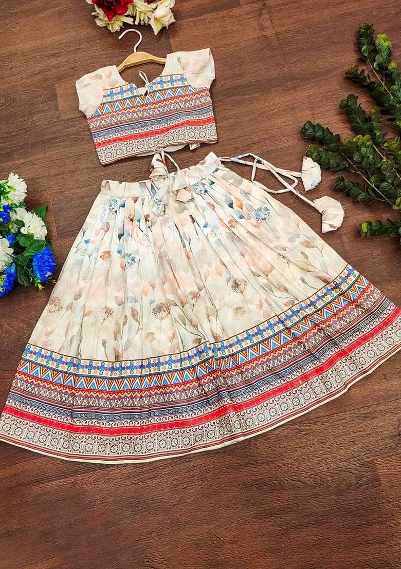 White Printed Blended Lehenga Choli For Girls - Indya