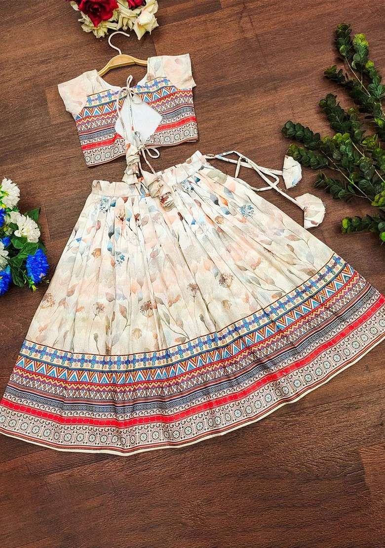 White Printed Blended Lehenga Choli For Girls - Indya