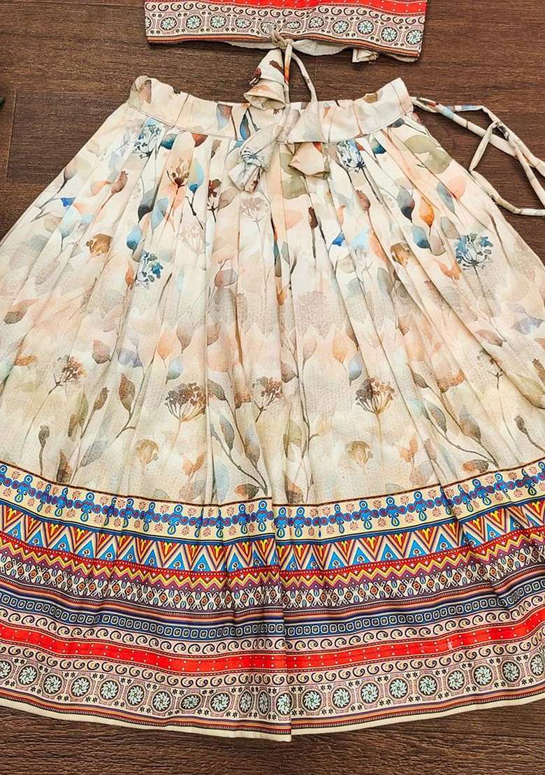 White Printed Blended Lehenga Choli For Girls - Indya