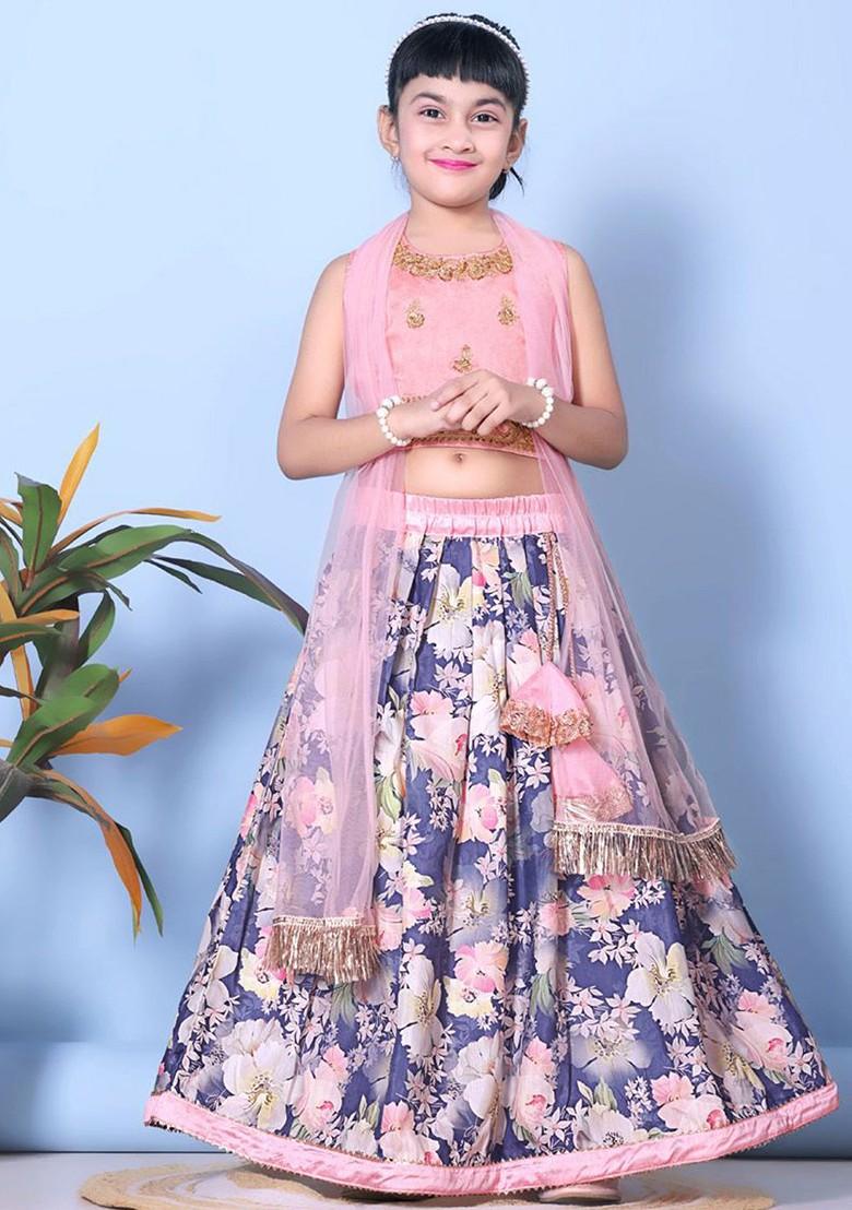 Pink Embroidered Blended Lehenga Choli For Girls - Indya