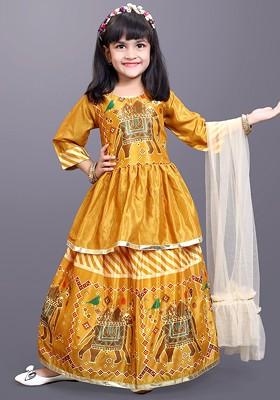 Yellow Printed Blended Lehenga Choli For Girls