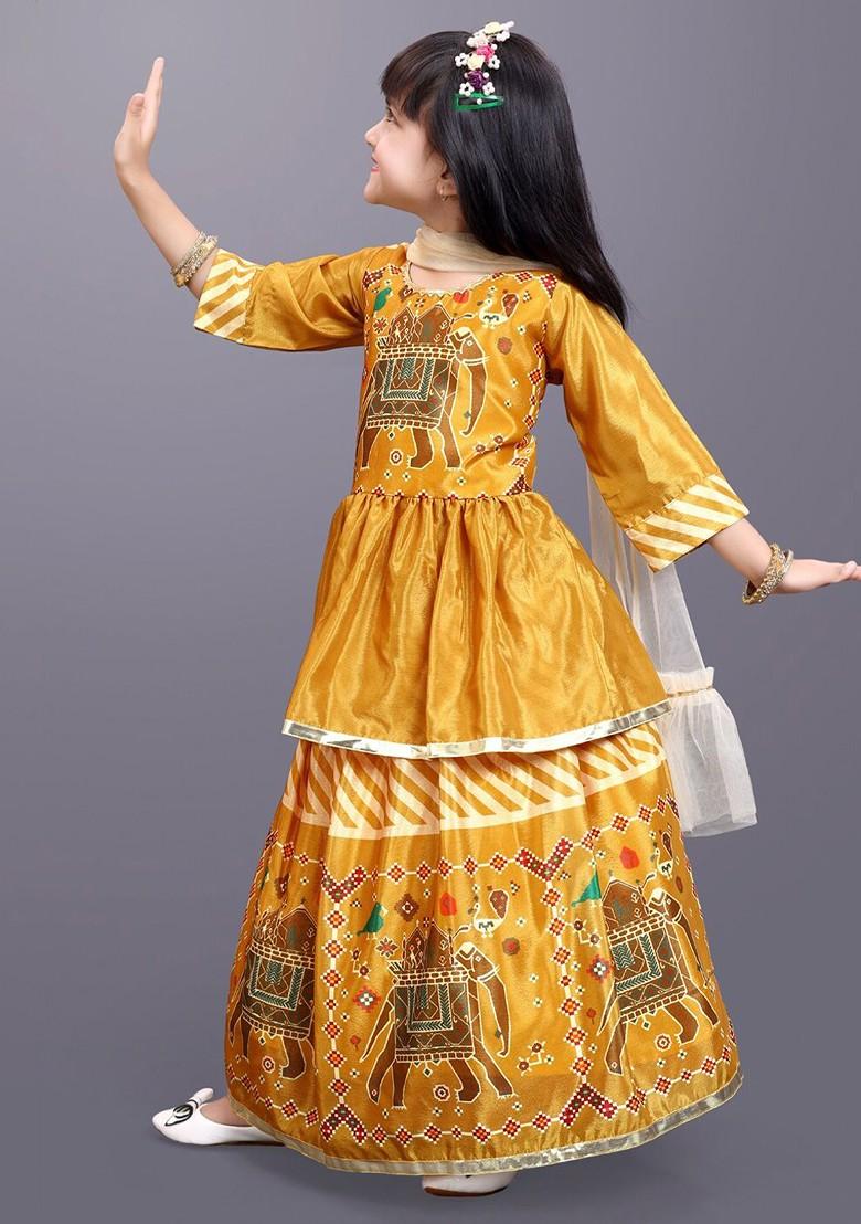 Yellow Printed Blended Lehenga Choli For Girls - Indya