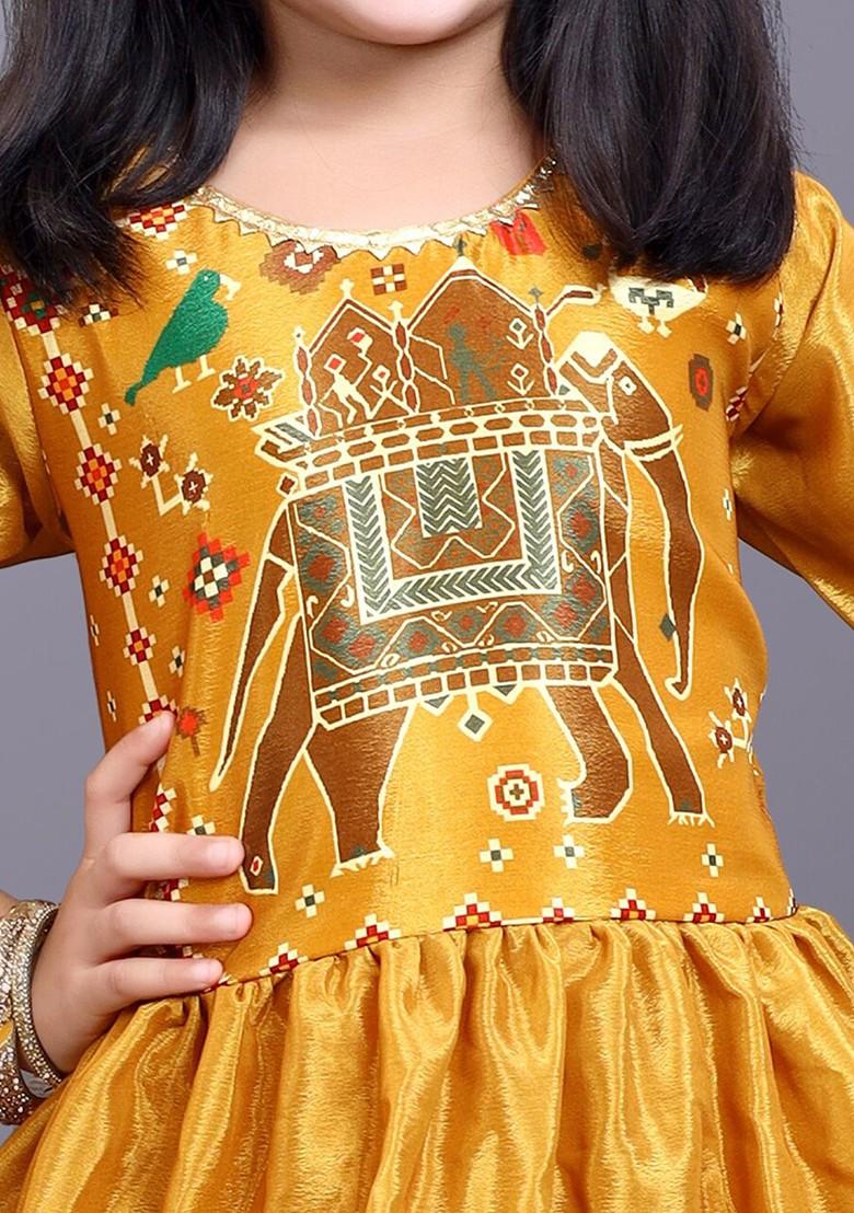 Yellow Printed Blended Lehenga Choli For Girls - Indya