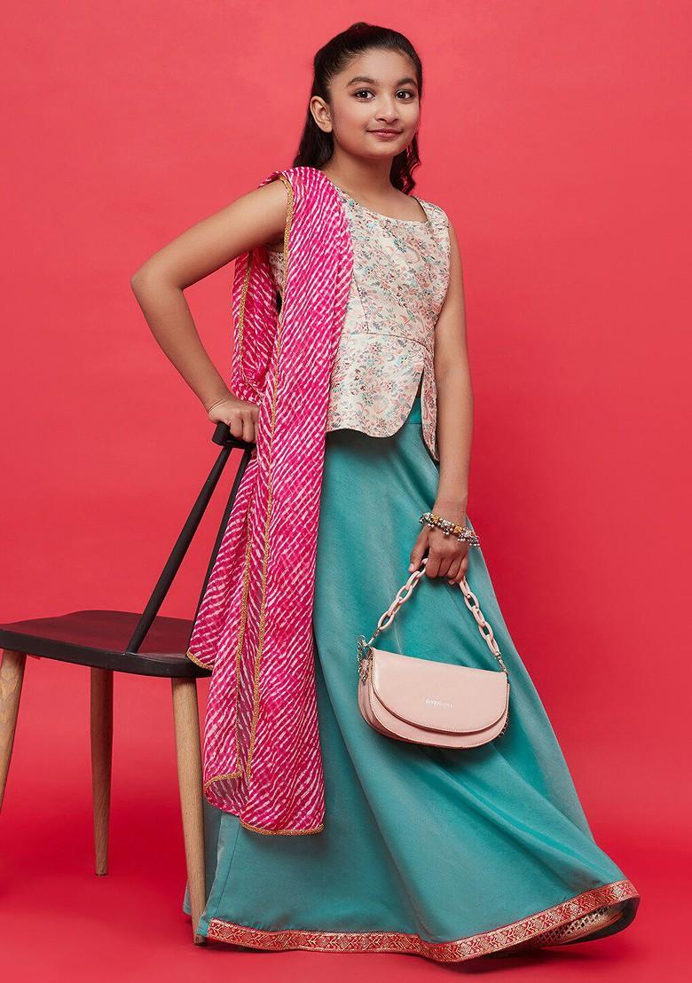 Sea Green Printed Blended Lehenga Choli For Girls - Indya