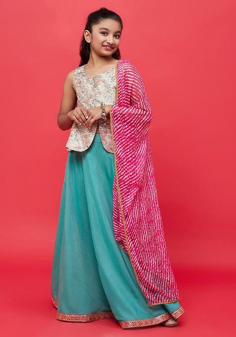 Sea Green Printed Blended Lehenga Choli For Girls — view on Indya