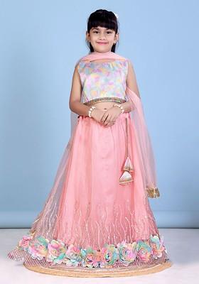 Peach Printed Blended Lehenga Choli For Girls