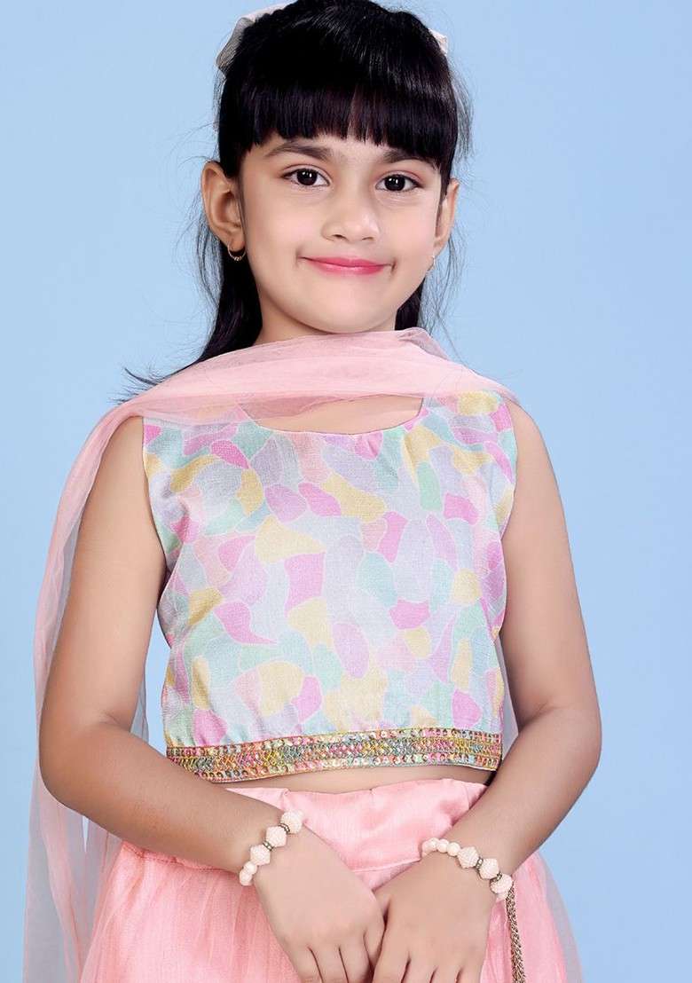 Peach Printed Blended Lehenga Choli For Girls - Indya
