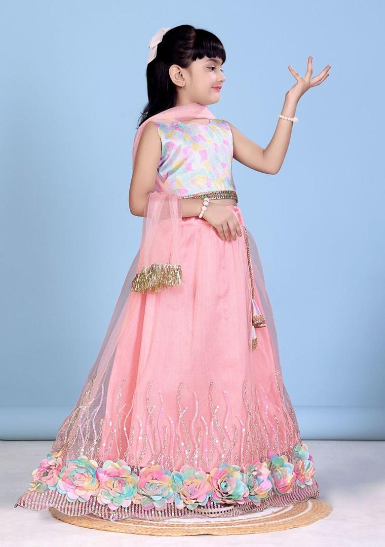 Peach Printed Blended Lehenga Choli For Girls - Indya