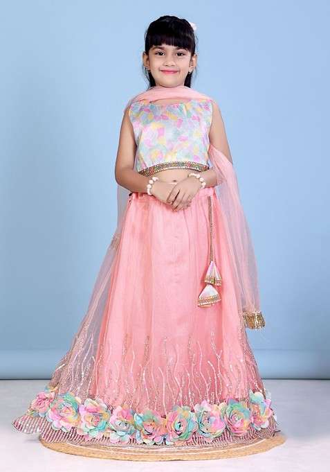Peach Printed Blended Lehenga Choli For Girls