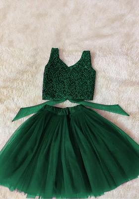 Green Embellished Blended Lehenga Choli For Girls