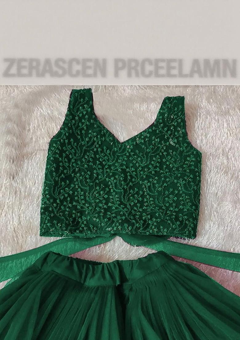 Green Embellished Blended Lehenga Choli For Girls - Indya