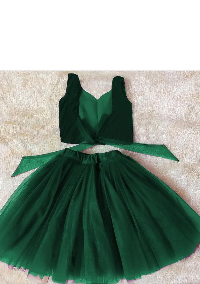 Green Embellished Blended Lehenga Choli For Girls - Indya