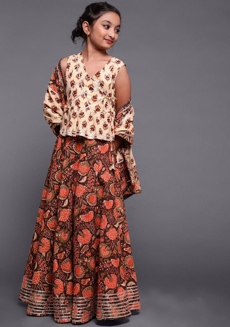 Brown Printed Cotton Blend Lehenga Choli For Girls - Indya