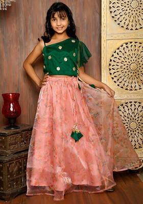 Green Embellished Blended Lehenga Choli For Girls