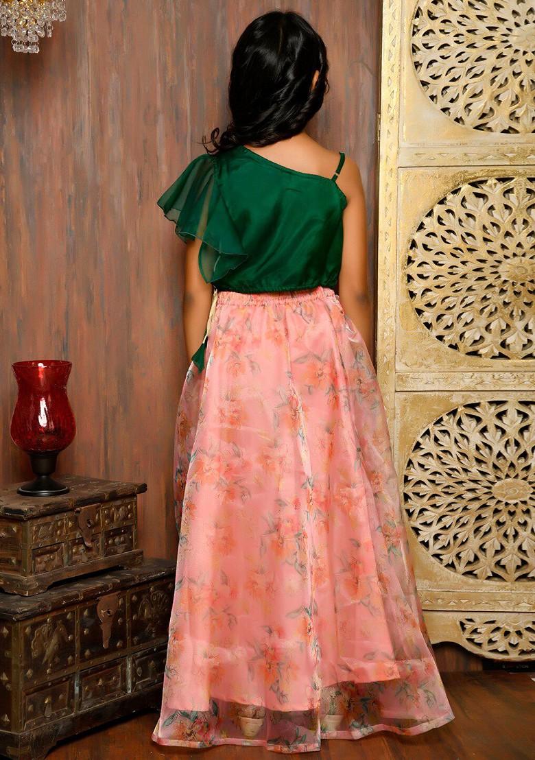 Green Embellished Blended Lehenga Choli For Girls - Indya