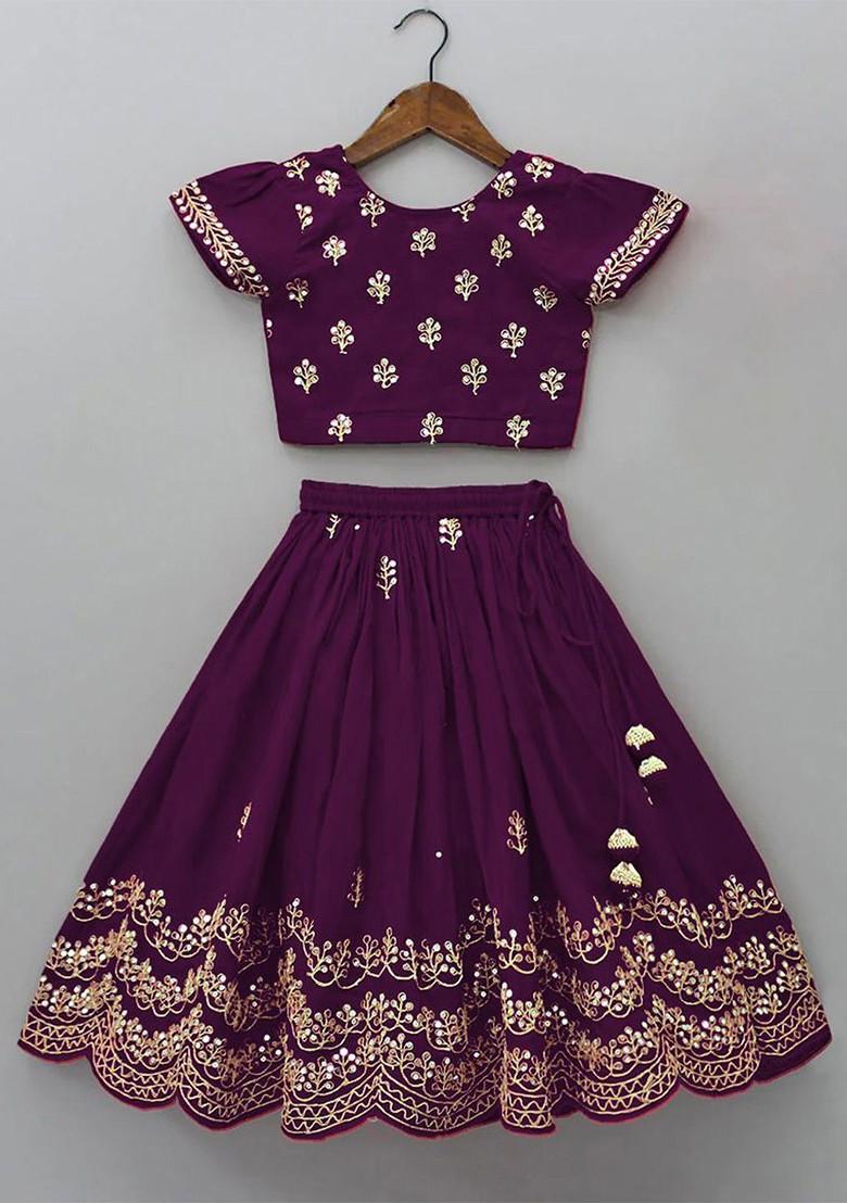 Purple Embroidered Blended Lehenga Choli For Girls - Indya