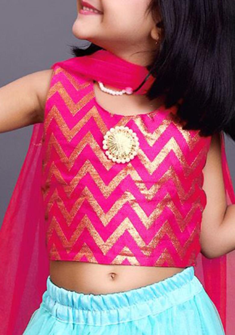 Turquoise Blue Embroidered Blended Lehenga Choli For Girls - Indya