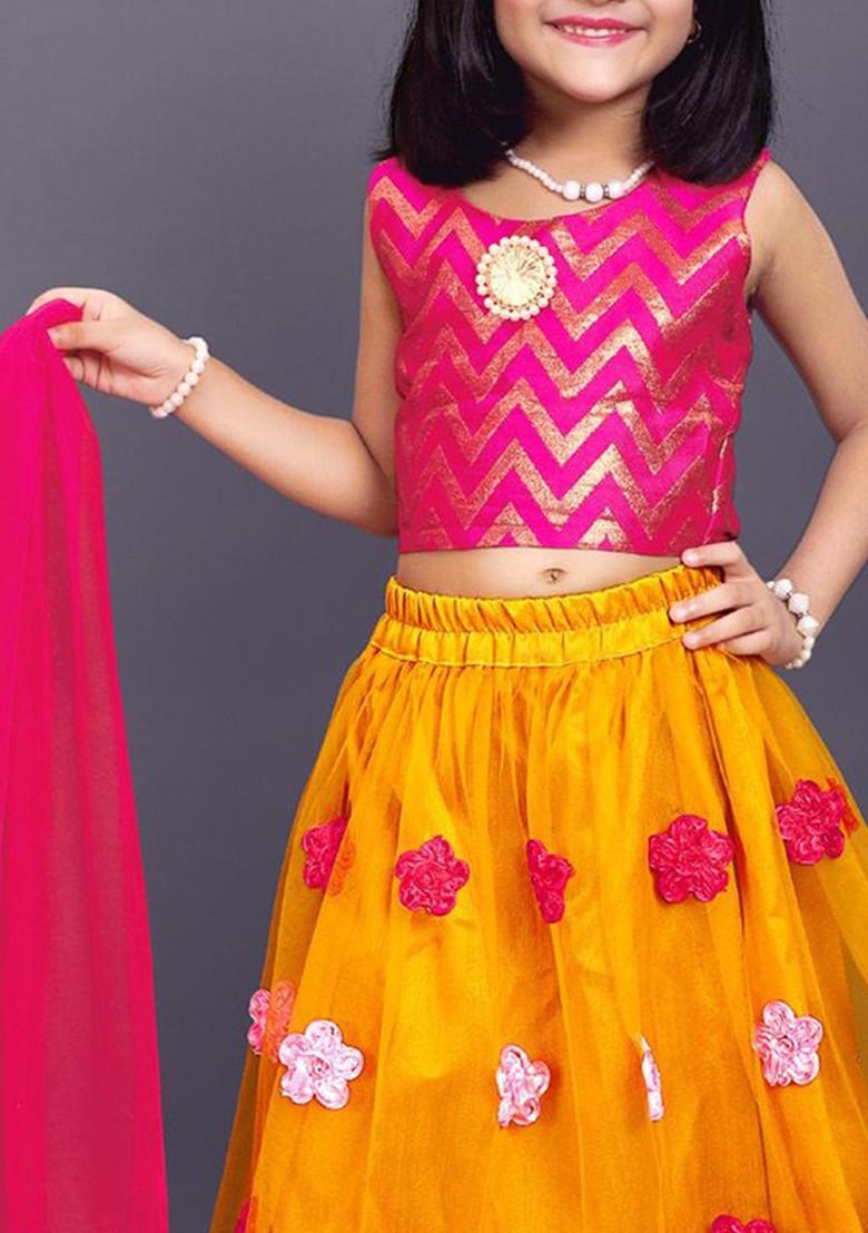 Mustard Embroidered Blended Lehenga Choli For Girls - Indya
