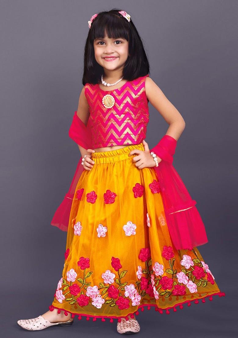 Mustard Embroidered Blended Lehenga Choli For Girls - Indya