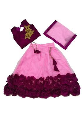 Pink Embroidered Net Lehenga Choli For Girls