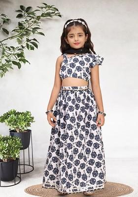 Navy Blue Printed Cotton Blend Lehenga Choli For Girls