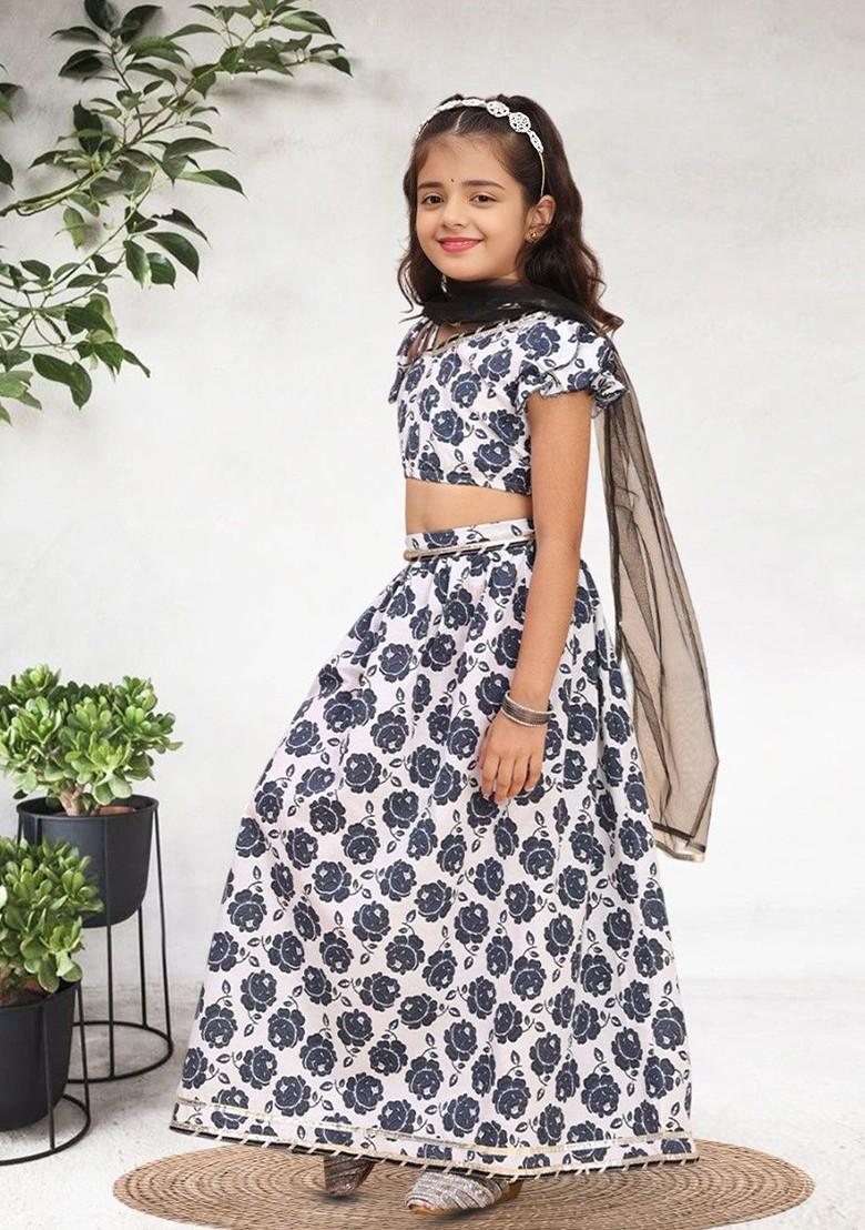 Navy Blue Printed Cotton Blend Lehenga Choli For Girls - Indya