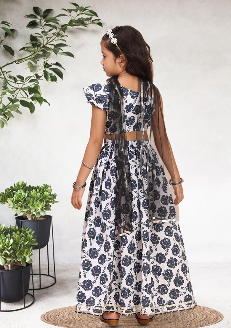 Navy Blue Printed Cotton Blend Lehenga Choli For Girls - Indya