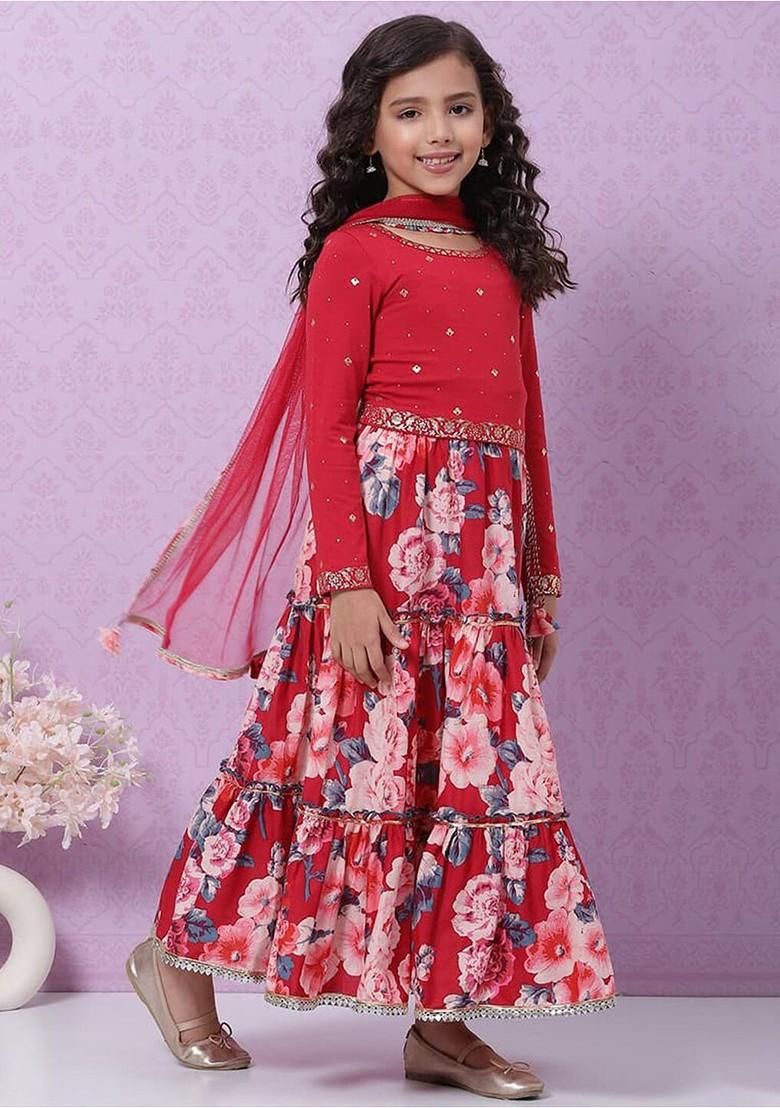 Red Printed Blended Lehenga Choli For Girls - Indya