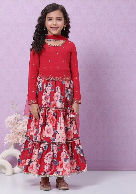 Red Printed Blended Lehenga Choli For Girls — view on Indya