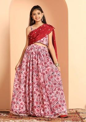 Pink Printed Blended Lehenga Choli For Girls