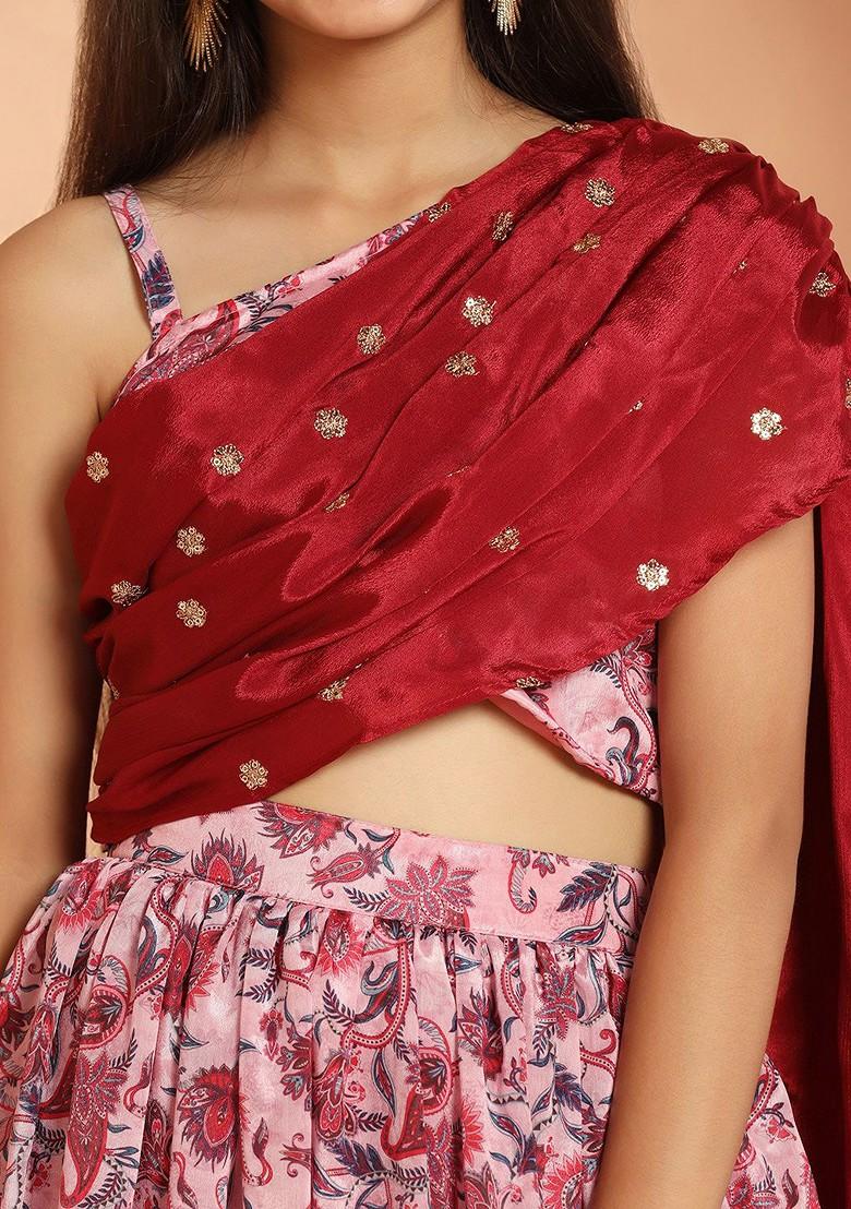 Pink Printed Blended Lehenga Choli For Girls - Indya
