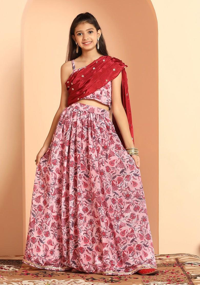 Pink Printed Blended Lehenga Choli For Girls - Indya