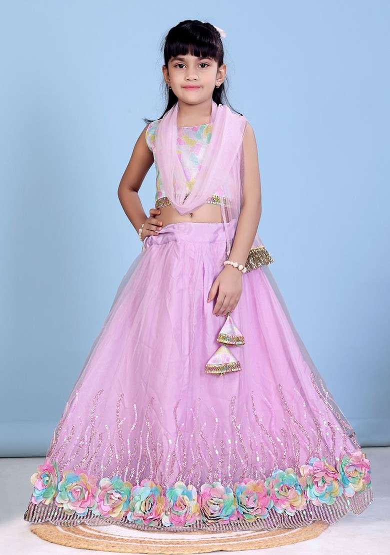 Lavender Printed Blended Lehenga Choli For Girls - Indya