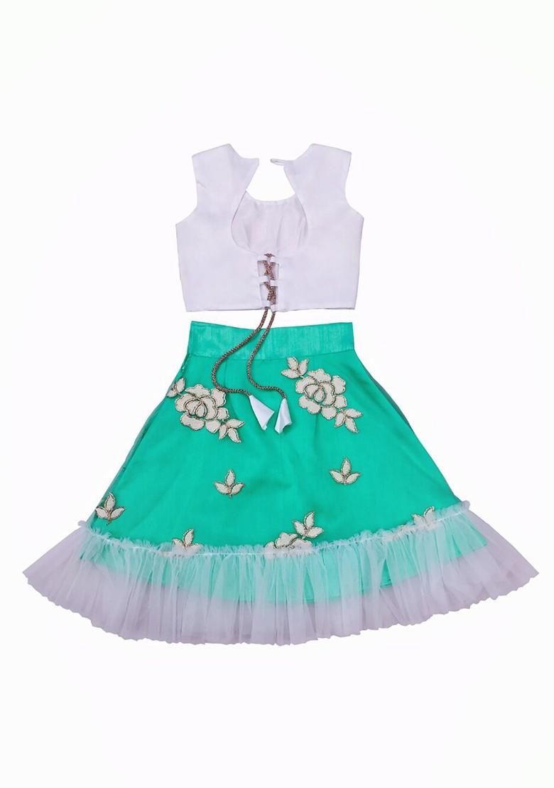 Sea Green Embroidered Blended Lehenga Choli For Girls - Indya