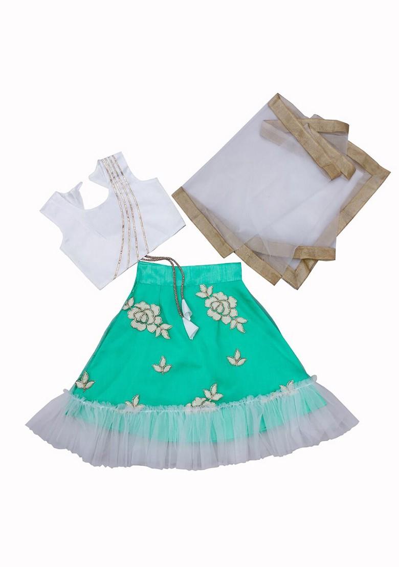 Sea Green Embroidered Blended Lehenga Choli For Girls - Indya