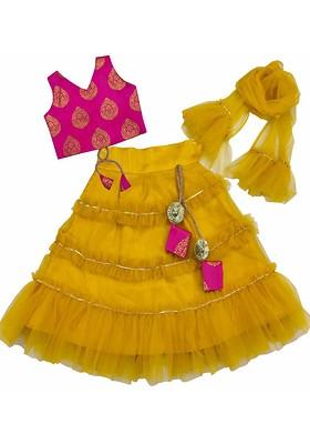 Yellow Embroidered Blended Lehenga Choli For Girls