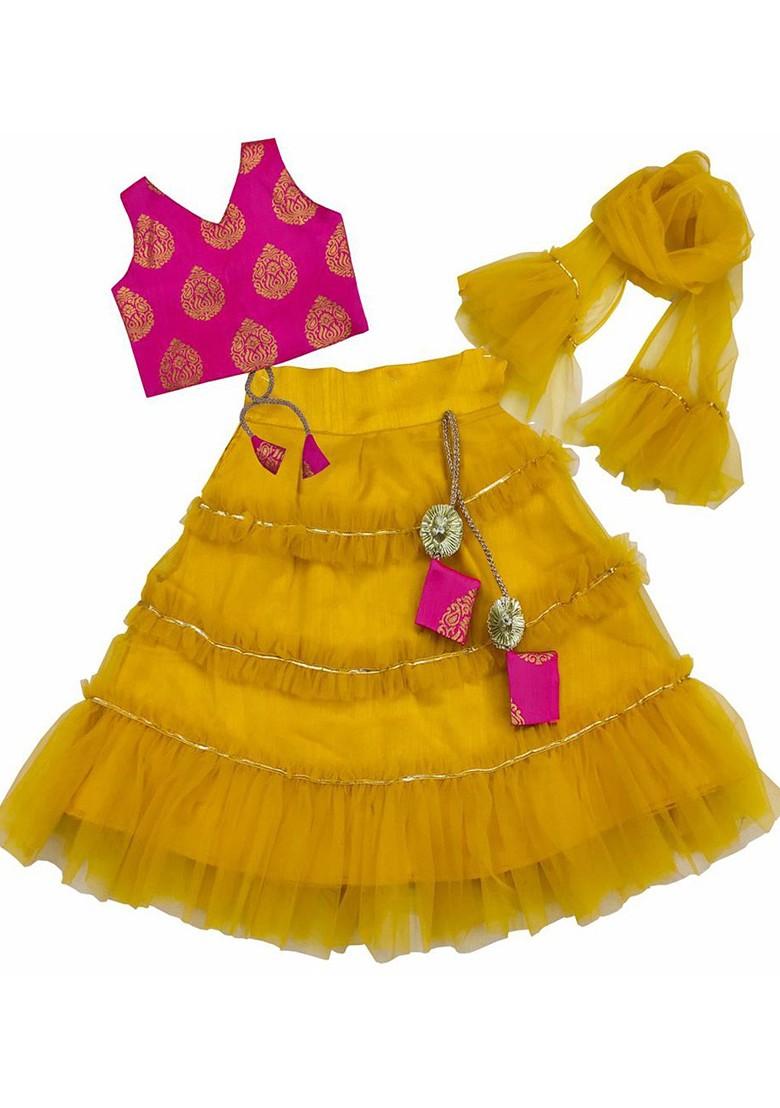 Yellow Embroidered Blended Lehenga Choli For Girls - Indya